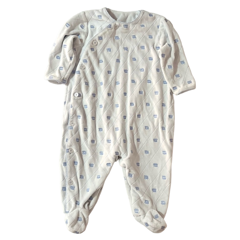Vintage Kids Baby Boy Blue Embroidered Train Car Velvet Footie Sleeper Size 9M
